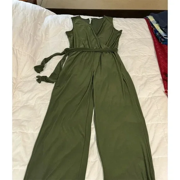 NY Collection Women's Olive Green Sleeveless Wrap Jumpsuit with Belt Size P/S - Picture 3 of 7